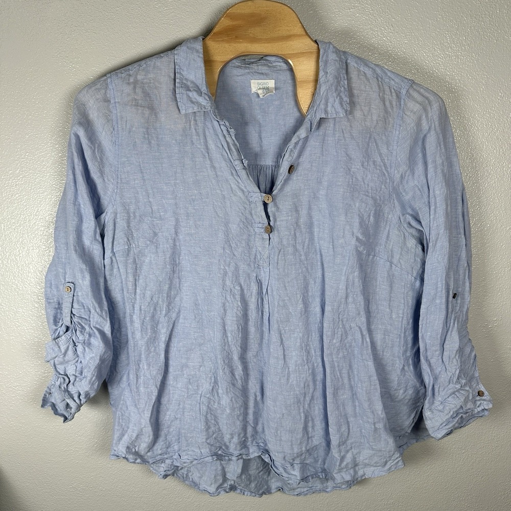 Sigrid‎ Olsen Womens Size 3X Linen Tunic Top Popover Baby Blue Roll Tab Sleeves